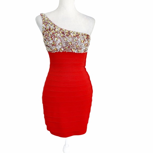 Sherri Hill Dresses & Skirts - Sherri Hill Beaded One Shoulder Bandage Dress Red